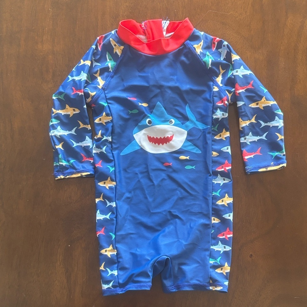 SWIMSUIT EUC BOYS BLUE SHARK RED SWIMWEAR SUMMER TRAVEL POOL BEACH SZ 18 24 MTHS